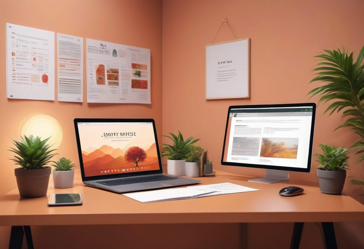 A dynamic scene showcasing a professional workspace, featuring a desk with a stylish laptop opened to a beautifully designed résumé. In the background, a confident job seeker is eagerly reviewing job listings on a digital tablet, surrounded by motivational posters about dreams and success. A small plant adds a touch of nature to the setup, symbolizing growth. The overall atmosphere is vibrant and encouraging, with warm colors to inspire positivity. vibrant colors. super-realistic. 3D.