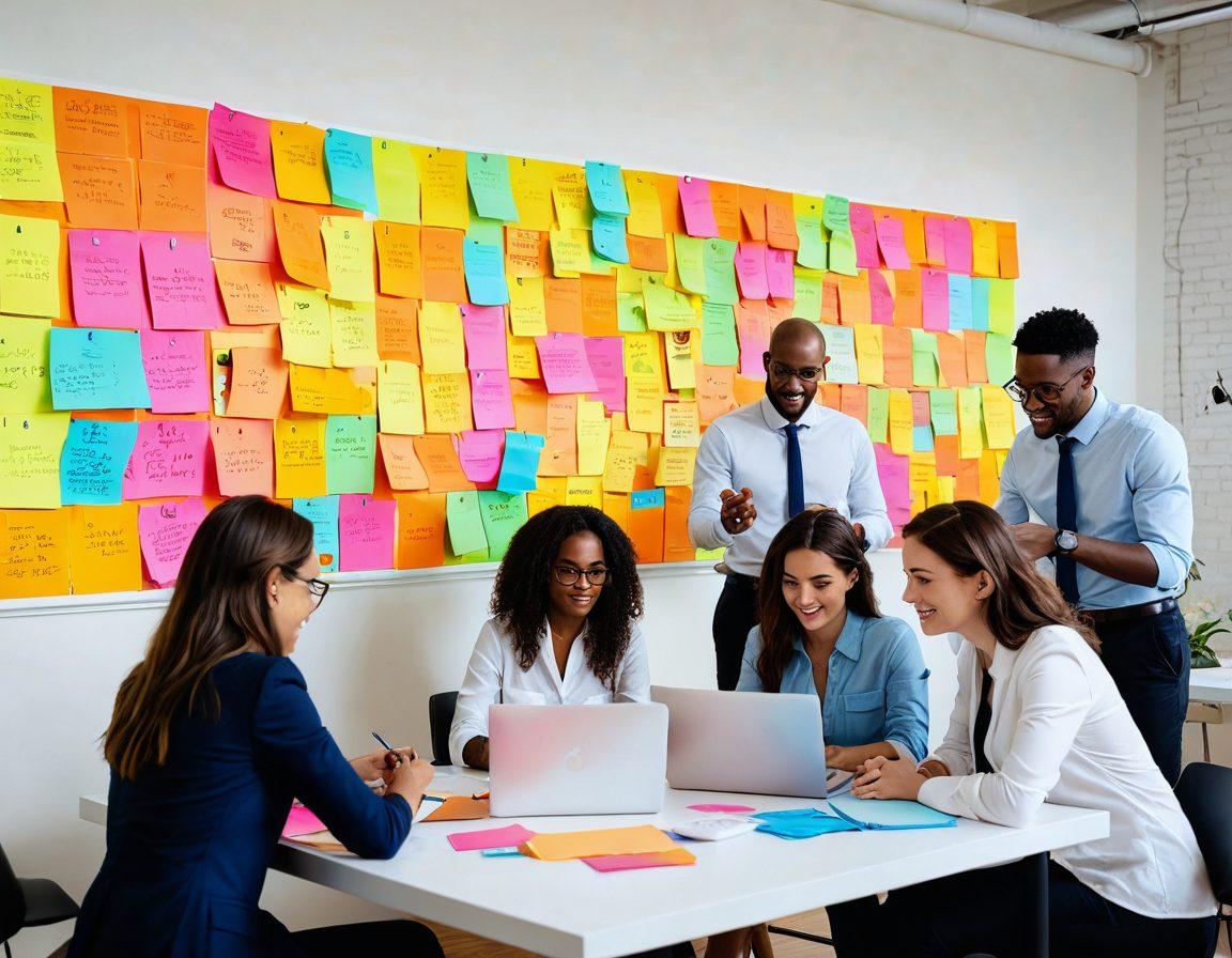 A dynamic scene depicting a diverse group of young professionals intensely working on their CVs, surrounded by colorful sticky notes and laptops. Include elements like a large, inspiring poster of a successful job interview and motivational quotes on the walls. The atmosphere is energetic and collaborative, conveying a sense of determination and hope for career advancement. super-realistic. vibrant colors. white background.