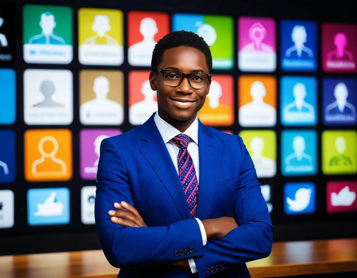 A confident job applicant in professional attire, standing before a large interview panel. The background contains elements symbolizing personal branding like social media icons, resumes, and business cards. The scene radiates positivity and professionalism, with a focus on body language and engagement. Soft spotlight effect to emphasize the applicant while the panel appears encouraging. 3D illustration. vibrant colors.